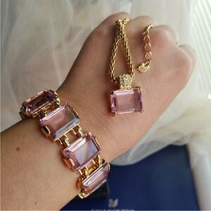 AUTHENTIC Swarovski Gold Plated Amethyst Necklace & Tennis Bracelet SET Vintage